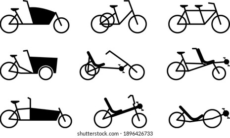 Big Bicycles Icon-Set, Outline Flat Design, Black  White, Vector Grafic