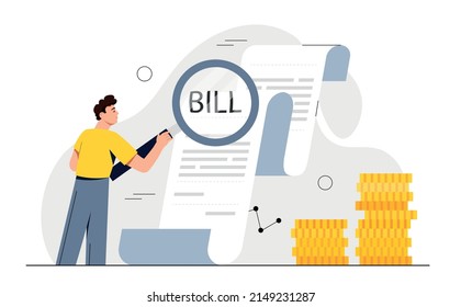 Big bill concept. Man with magnifying glass looks at check, financial literacy and budgeting, income and expenses. Notification monthly accounting, reminder. Cartoon flat vector illustration