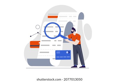 Big bill concept. Young man stands next to shopping list and analyzes expenses. Online banking transactions. Male character studies financial situation. Cartoon modern flat vector illustration
