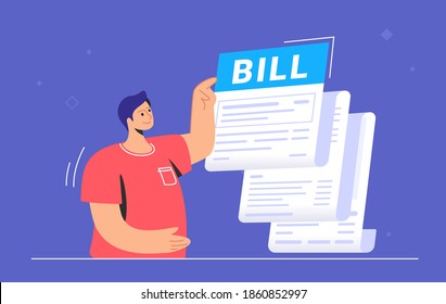 Big bill or payment notification of monthly accounting and debt. Flat vector illustration of cute man standing near a big invoice and pointing to the summary amount before doing payment