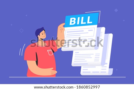 Big bill or payment notification of monthly accounting and debt. Flat vector illustration of cute man standing near a big invoice and pointing to the summary amount before doing payment