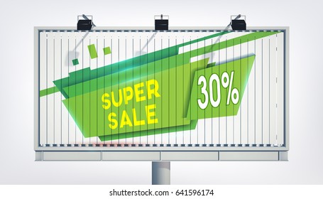 Big billboard green sale banner with three lights, gigantic word super sale, thirteen percent and the green trapeze in the realistic style on the white background vector illustration