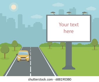 Big billboard on road with city view background. Flat style, vector illustration. 