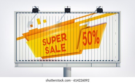 Big billboard sale banner with three lights, gigantic word super sale, fifteen percent and the yellow trapeze in the realistic style on the white background vector illustration