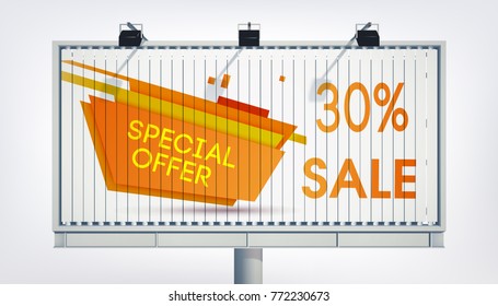 Big billboard sale banner with three lights, gigantic word special offer, thirteen percent and the orange trapeze in the realistic style on the white background vector illustration