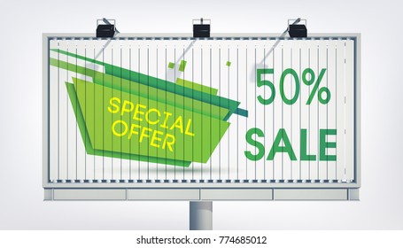 Big billboard sale banner with three lights, gigantic word super sale, seventeen percent and the green trapeze in the realistic style on the white background vector illustration