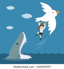 Big bird helps a female worker from shark open mouth attacking, illustration vector cartoon