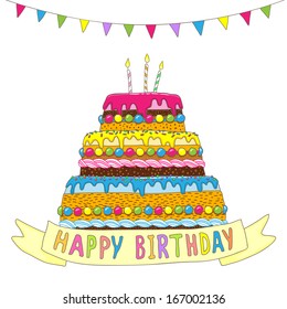 Big birthday cake with burning candles and garland  isolated on white  