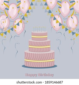 Big birthday cake with burning candles. vector illustration.