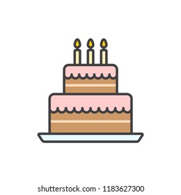 Big birthday cake with candles colored line icon.