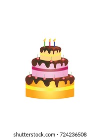 Big birthday cake with cherries and melting chocolate, vector