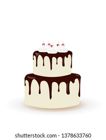 Big birthday cake with cherries. vector illustration