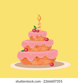 Big birthday cake with cherry and one candle. Vector illustrations.