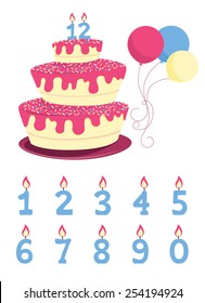 A big birthday cake with frosting, sprinkles and lighted candles on the top. There are party balloons and numbered candles.