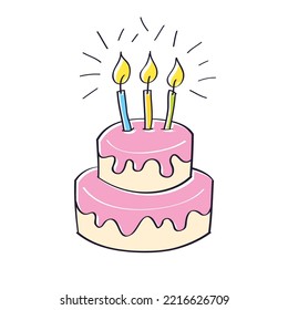 Big birthday cake gift with three candles isolated cartoon vector