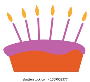 A big birthday cake with purple fondant and loads of candle on it vector color drawing or illustration 