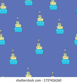 Big birthday cake seamless pattern vector illustration on blue backgrond. Giant colorful birthday cake.Birthday Print for birthday card, textile,wrapping paper, wallpaper,web page.Pastry,bakery theme.