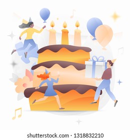 Big birthday cake surrounded by tiny people characters in party hats. Modern vector illustration concept of birthday celebration.