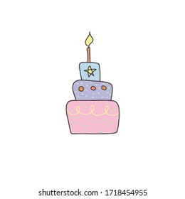 Big Birthday cake vector illustration isolated on white background.Three-story multi-colored cake.Pink,purplelilac,blu,orange,yellow colors birth cake.Cake with star and candle.Happy birthday!