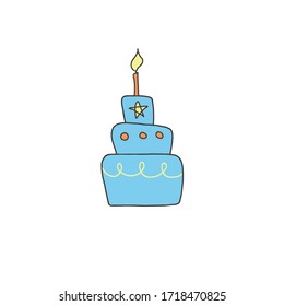 Big Birthday cake vector illustration isolated on white background.Three-story multi-colored, blu cake. Design elements for birthday decoration.Cute cake print for birthday card,typography.