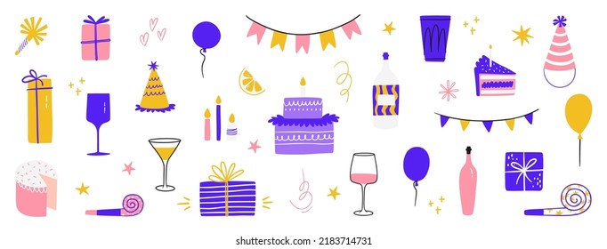 Big birthday clipart. Collection of festive icons - cakes, garlands, balloons, candles, gifts, glasses and bottles. Vector illustrations for stickers, prints, postcard design. Isolated elements