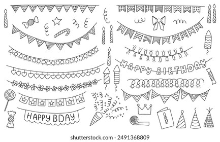 Big birthday doodle garlands decoration vector set. Different kinds of garlands with flags and lamps hand drawn style