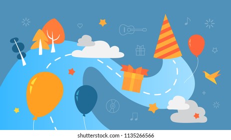 Big birthday party concept. Idea of having fun and dance together with parents or friends. Festive or event. Set of beautiful icons with hat, balloons and gift. Flat abctract vector illustration