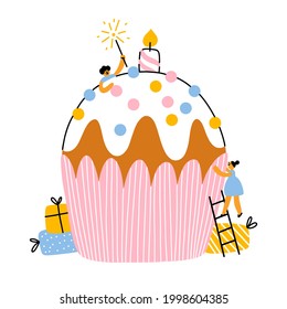 Big birthday party cupcake with sprinkles, presents and friends, vector illustration isolated on white background