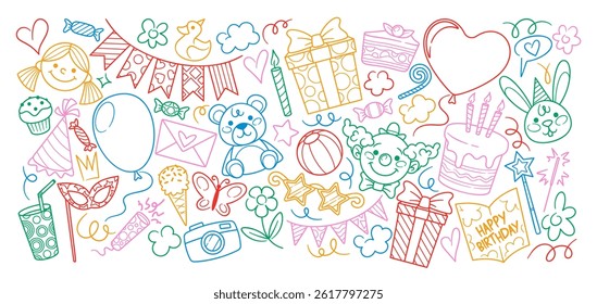 Big birthday set of colorful holiday doodles, festive childish scribbles and baby shower elements