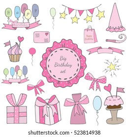 Big Birthday set elements with cake and gift, balloon and ribbon, letter ad star and other.