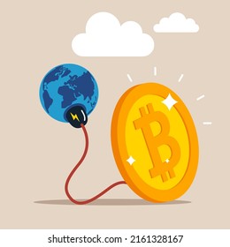 Big bitcoin with electric plug sucking energy from planet earth. Cryptocurrency sustainability problem, bitcoin and crypto currency mining energy consumption not environment friendly concept.