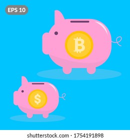 Big bitcoin piggy bank with small dollar piggy bank. The concept of profitability of cryptocurrencies