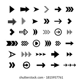 Gran juego de iconos plano con flechas negras. Cursores simples, punteros y botones de dirección abstractos modernos colección de ilustraciones vectoriales. Diseño web y concepto de elementos gráficos digitales