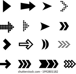 Gran juego de iconos plano con flechas negras. Cursores simples, punteros y botones de dirección abstractos modernos colección de ilustraciones vectoriales. Diseño web y concepto de elementos gráficos digitales