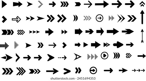 Conjunto de iconos planos de flechas negras grandes. Cursores simples abstractos modernos, punteros y Botones de dirección colección de Ilustración vectorial. Diseño web y concepto de Elementos gráficos digitales