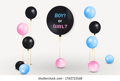 Big Black balloon with "boy or girl?" with pink, blue balloons on gender reveal party isolated on transparent background. Realistic decorative design elements. Festive background with helium balloons.