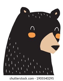 Big Black Bear on a White Background. Cute Hand Drawn Vector Illustration with Grizzly Bear. Nursery Art for Woodland Party. Funny Dreamy Bear Print. Infantile Style Design for Kids Room Decoration.