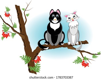 A big black cat and a cute gray pussycat are sitting on a branch of a rowan tree - the concept of love and friendship. Vector illustration for design.