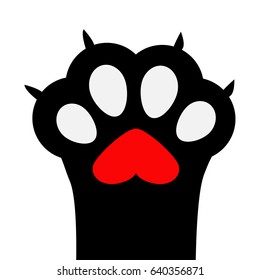 Big black cat paw print leg foot with nail claw. Red heart sign symbol. Cute cartoon character body part silhouette. Baby pet collection. Flat design. White background. Isolated. Vector illustration