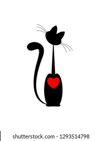 big black Cat and red heart on white background. vector. isolated