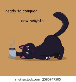 a big black cat with a tired look, a sweet smile, big eyes, a long tail, sits on his stomach and holds a hot cup of coffee. brown light background with the inscription ready to conquer new heights