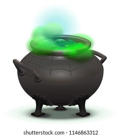 Big black cauldron cook green magic potion. Isolated on white vector cartoon illustration
