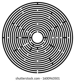 Big black circular maze. Radial labyrinth. Find a route to the centre. Print out and follow the path by a pencil or fingertip. Collection of paths from an entrance to a goal. Illustration. Vector.