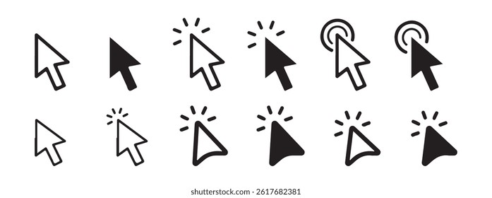 Big black click cursor arrow icon collection. Vector Illustration 