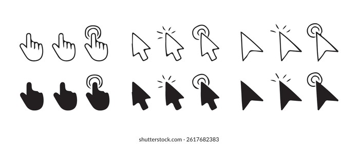 Big black click cursor arrow icon collection. Vector Illustration 