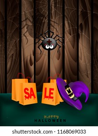 Big Black cute spider hanging on cobweb, purple witch hat and two shopping bags with bloody red text sale on dark green background with wooden fence. Happy Halloween scary funny poster