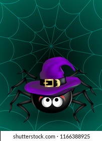 Big Black cute spider in violet witch hat hanging on cobweb on dark green background. Halloween scary funny object