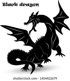 Big black dragon raised on two paws, silhouette on white background, vector