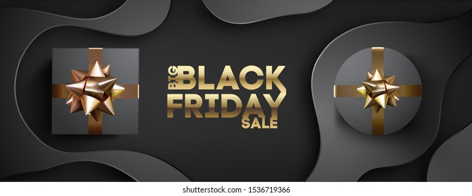 Big Black Friday Sale Banner. 3d Golden Ribbon. Sale advertising design.
