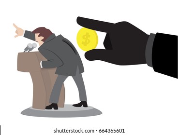 Big black hand bring some coin to speaking suite guy on tribune. Corruption concept illustration.